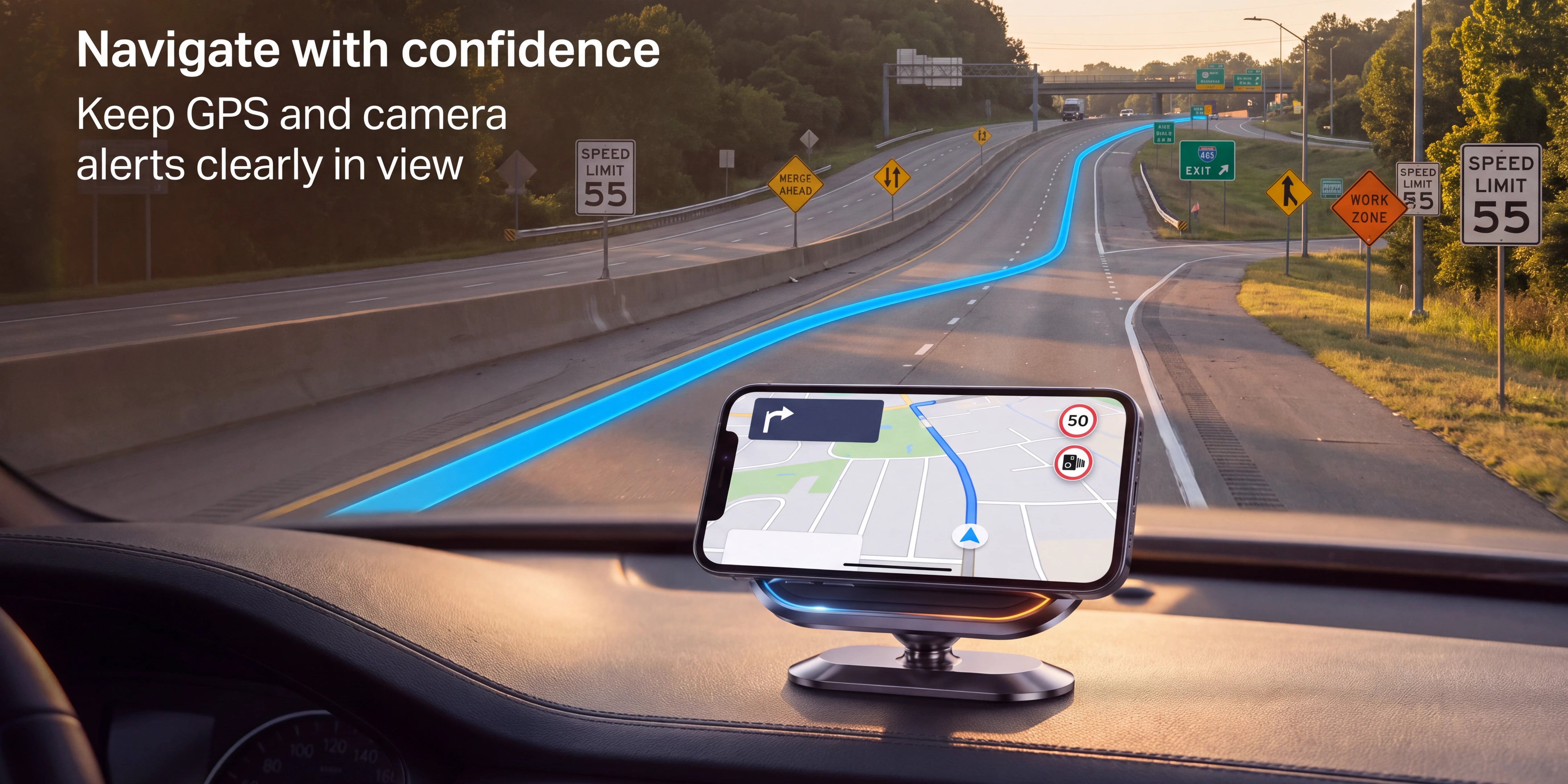 Phone mounted on a dashboard displaying GPS navigation
